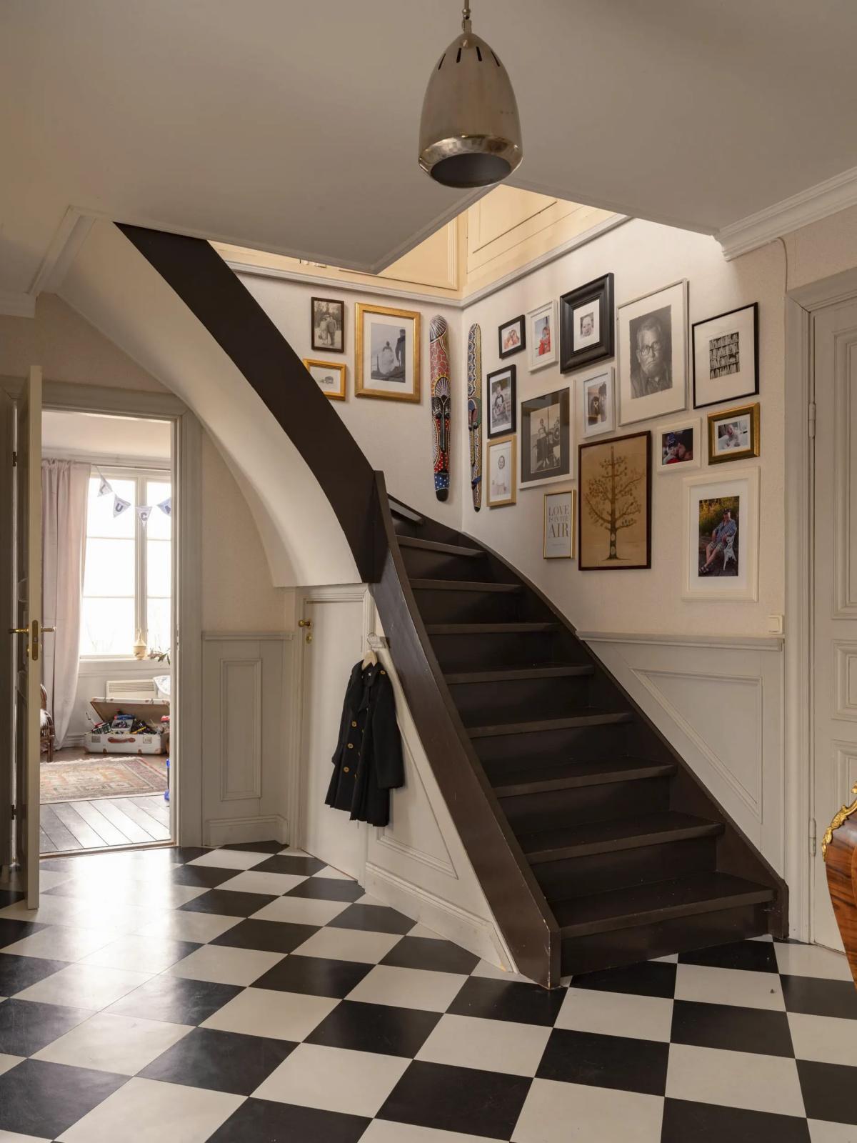 Brown staircase in a two-story house