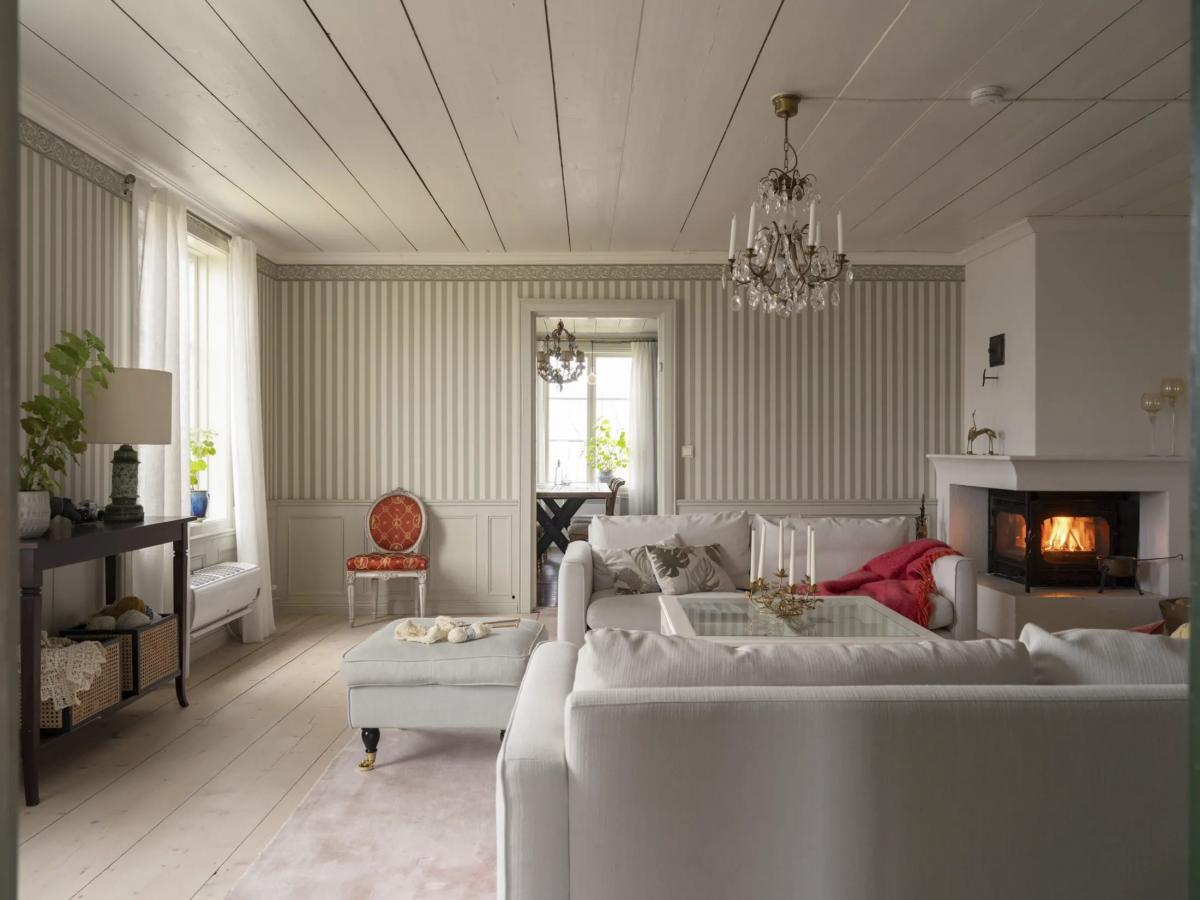 Fireplace stove in a spacious living room in a Swedish house