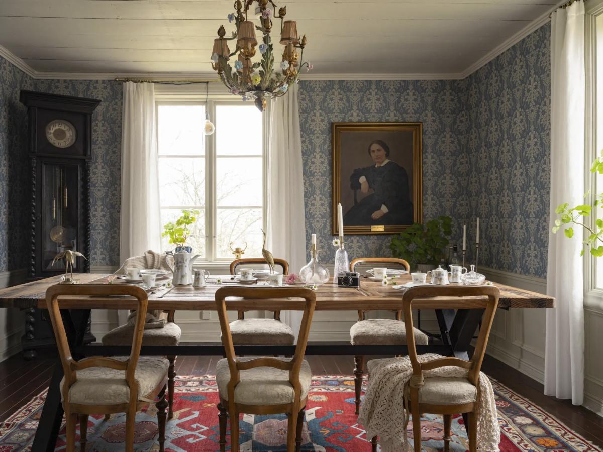 Large wooden kitchen table in a Swedish house