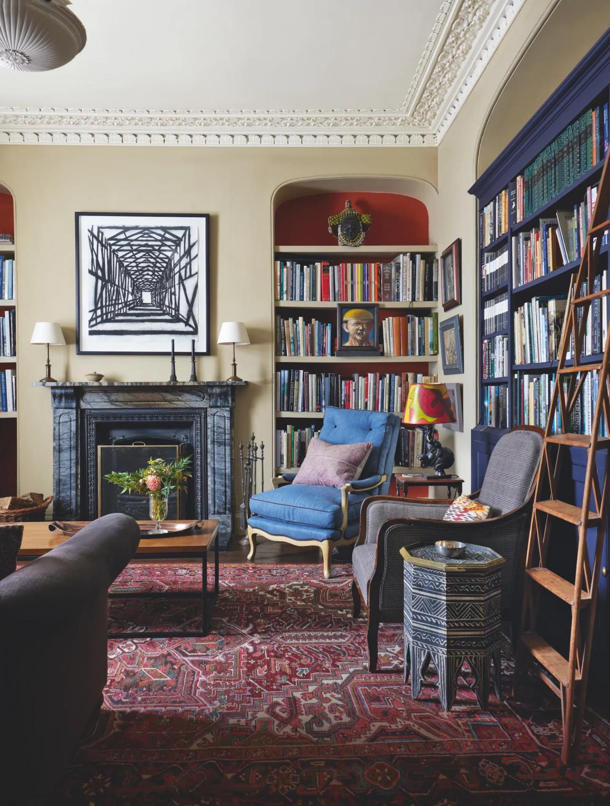 Living room-library in a house built in 1832